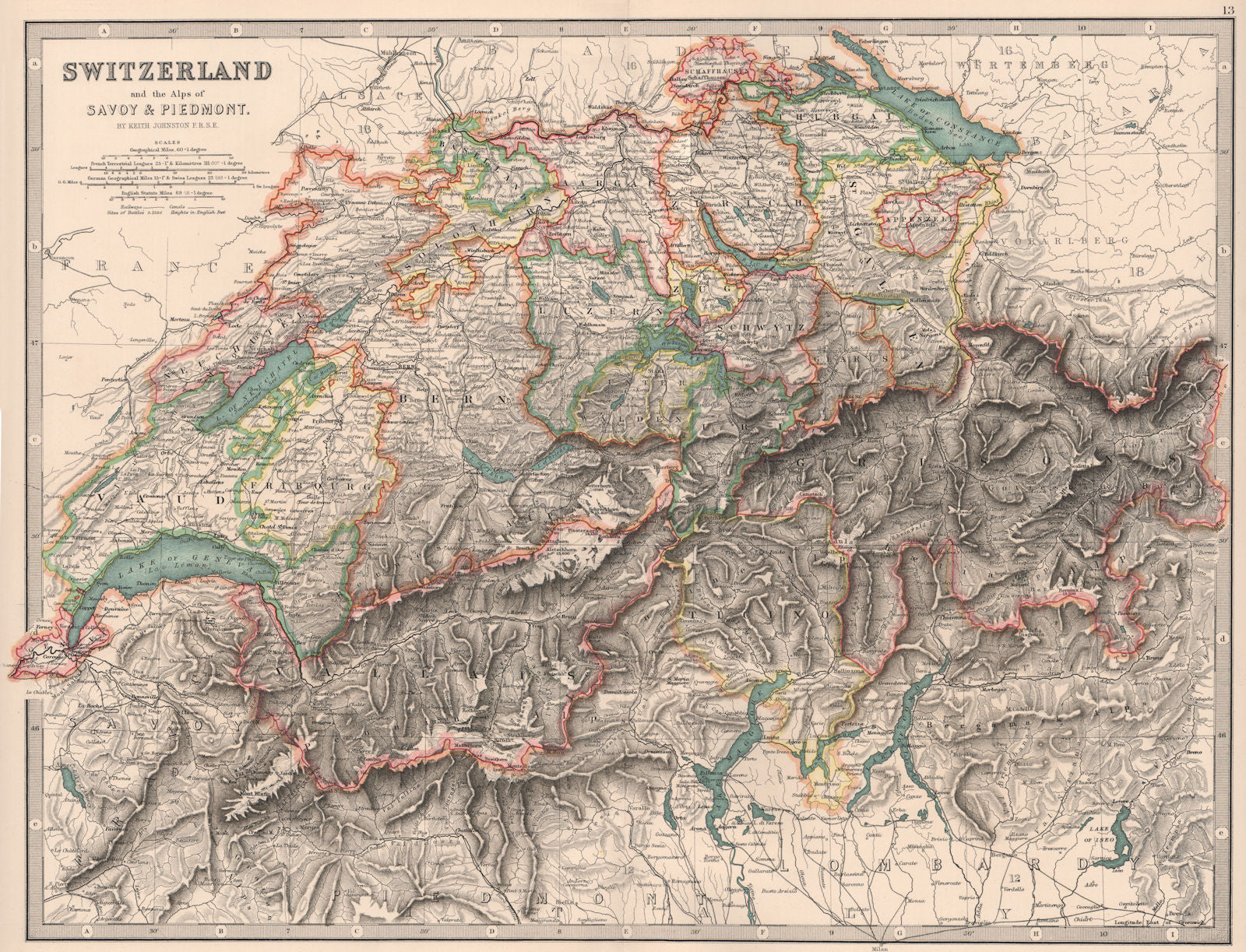 THE ALPS. Switzerland and The Alps of Savoy & Piedmont. JOHNSTON 1906 old map